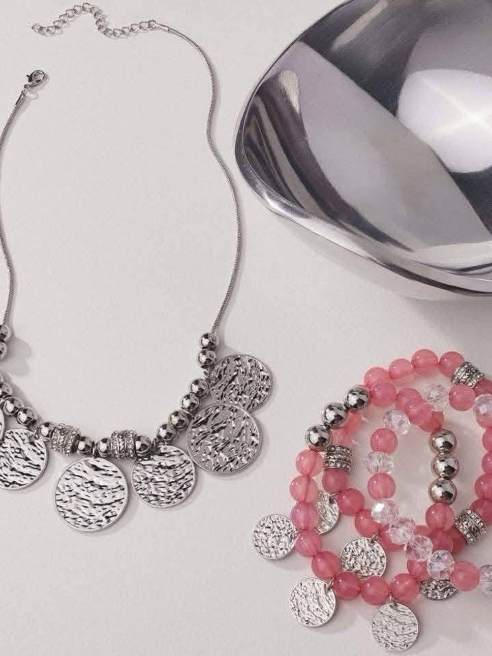 Silver Disc Necklace and Pink Beaded Bracelet Set